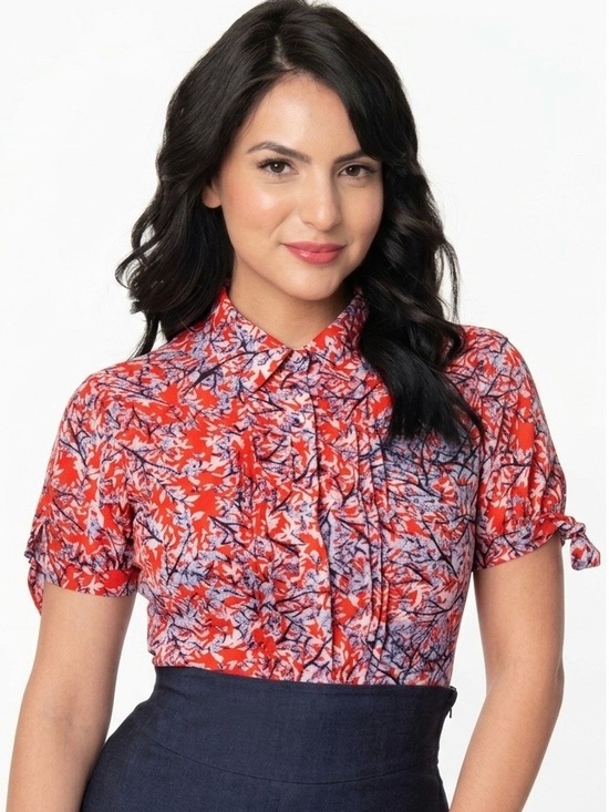 Unique Vintage Tops - Unique Vintage Red Floral Branch Print Pintuck Blouse Button Up 1940s Style M